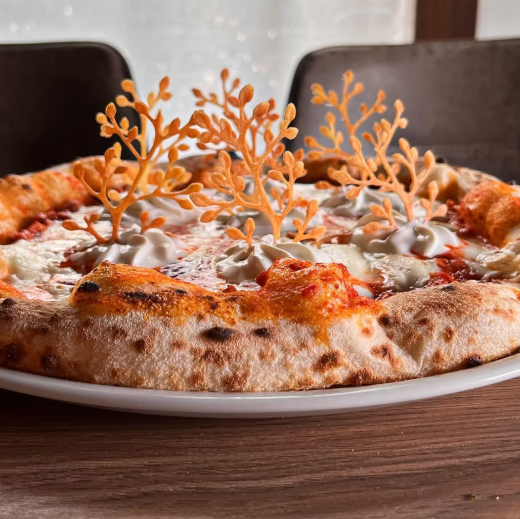 Neapolitan pizza with artisanal pastry coral garnish